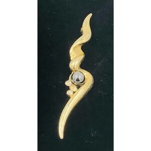 Brooch Pin Gold Tone Black Pearl Rhinestone Bar